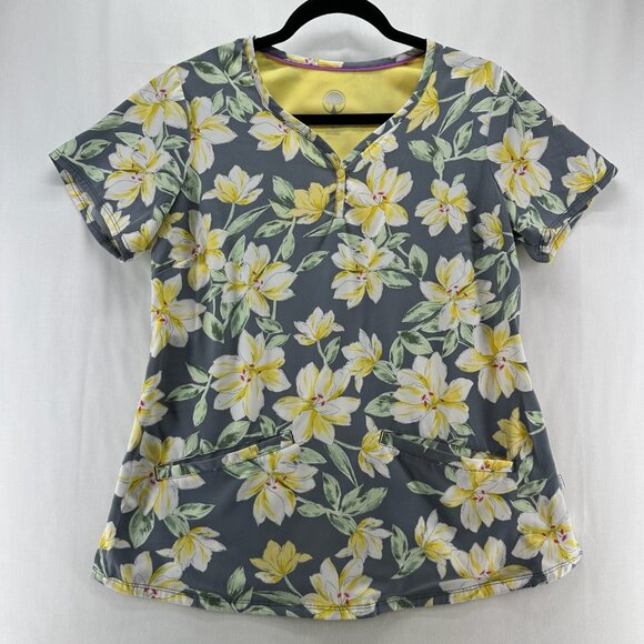 Healing Hands Scrub Top Womens M Isabel Floral Print Medical Uniform Gray Yellow - Picture 1 of 11